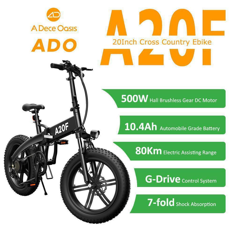 ADO A20F+ 20 Inches Fat Tire Folding Electric Bike With Mudguard Battery Life Up to 40 Miles