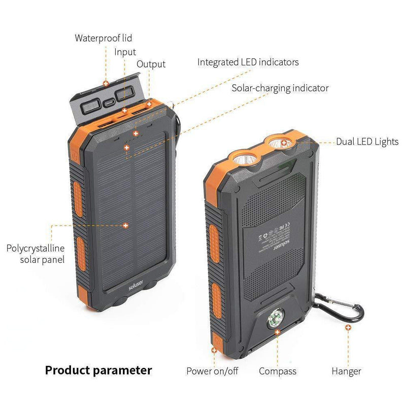 Solar Charger, 20000mAh Portable Phone Charger External Backup Battery Pack IP65 Water-Resistant