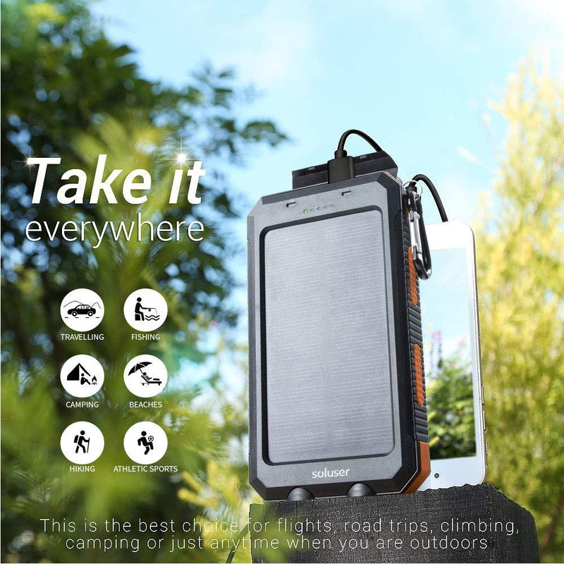 Solar Charger, 20000mAh Portable Phone Charger External Backup Battery Pack IP65 Water-Resistant