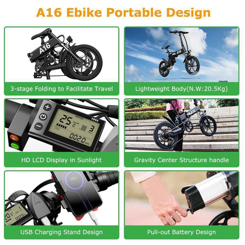 ADO A16XE Light Weight Folding Electric Bike Battery Life Up to 43 Miles